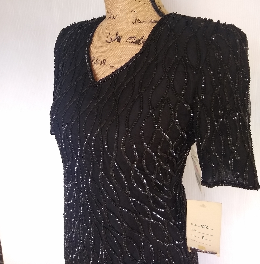 VINTAGE sequined beaded silk little black sheath dress deadstock - Picture 10 of 12